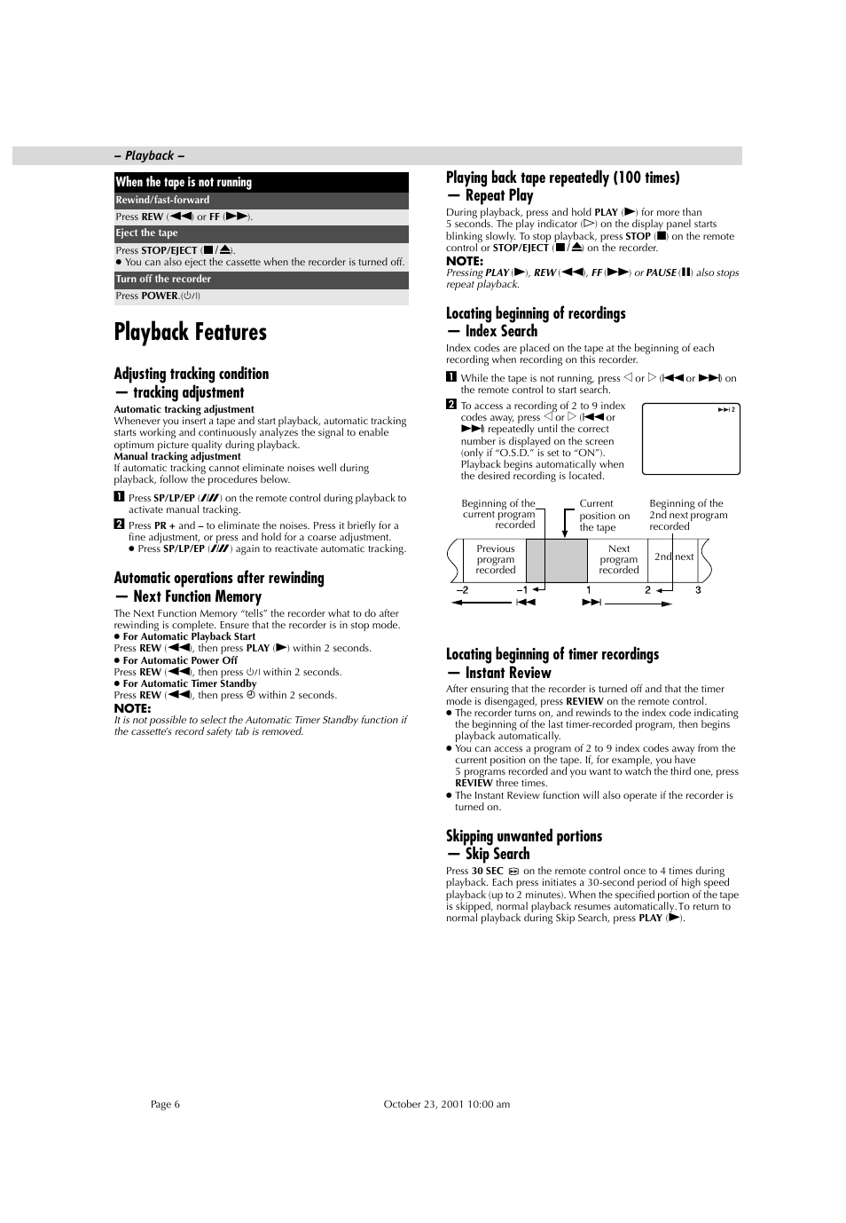 Playback features, Adjusting tracking condition — tracking adjustment, Locating beginning of recordings — index search | Skipping unwanted portions — skip search | JVC HR-J285EA User Manual | Page 6 / 16