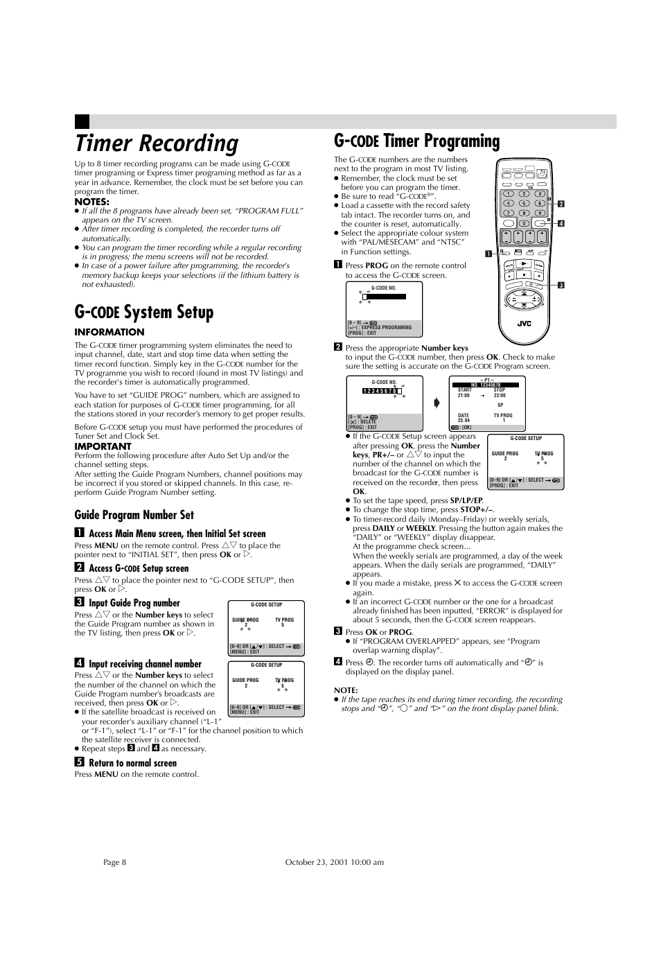 Timer recording, System setup, Timer programing | Code, Guide program number set a | JVC HR-J285EA User Manual | Page 8 / 16