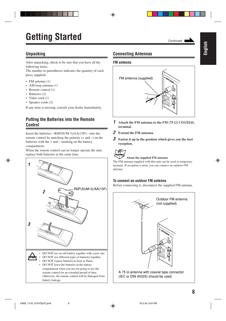 Getting started, English, Unpacking | Putting the batteries into the remote control, Connecting antennas, Fm antenna | JVC 0303MWMMDWJEM User Manual | Page 11 / 76