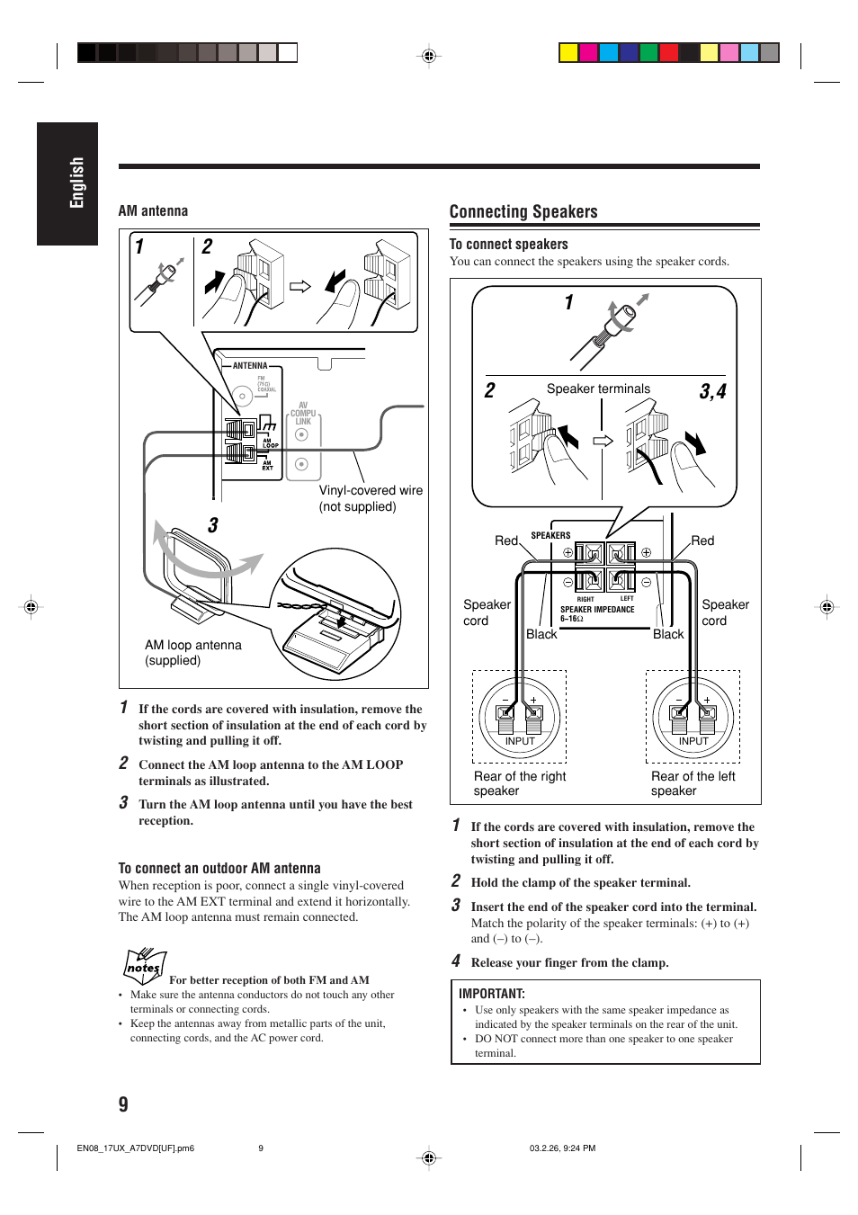 English, Connecting speakers | JVC 0303MWMMDWJEM User Manual | Page 12 / 76