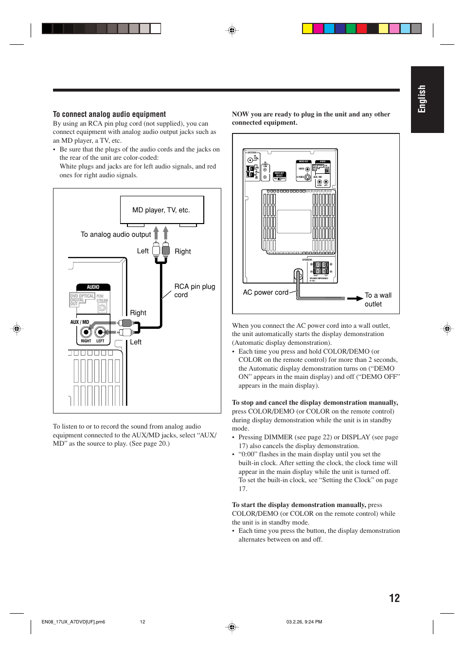 English, Right left right left rca pin plug cord, Md player, tv, etc. to analog audio output | Ac power cord to a wall outlet | JVC 0303MWMMDWJEM User Manual | Page 15 / 76