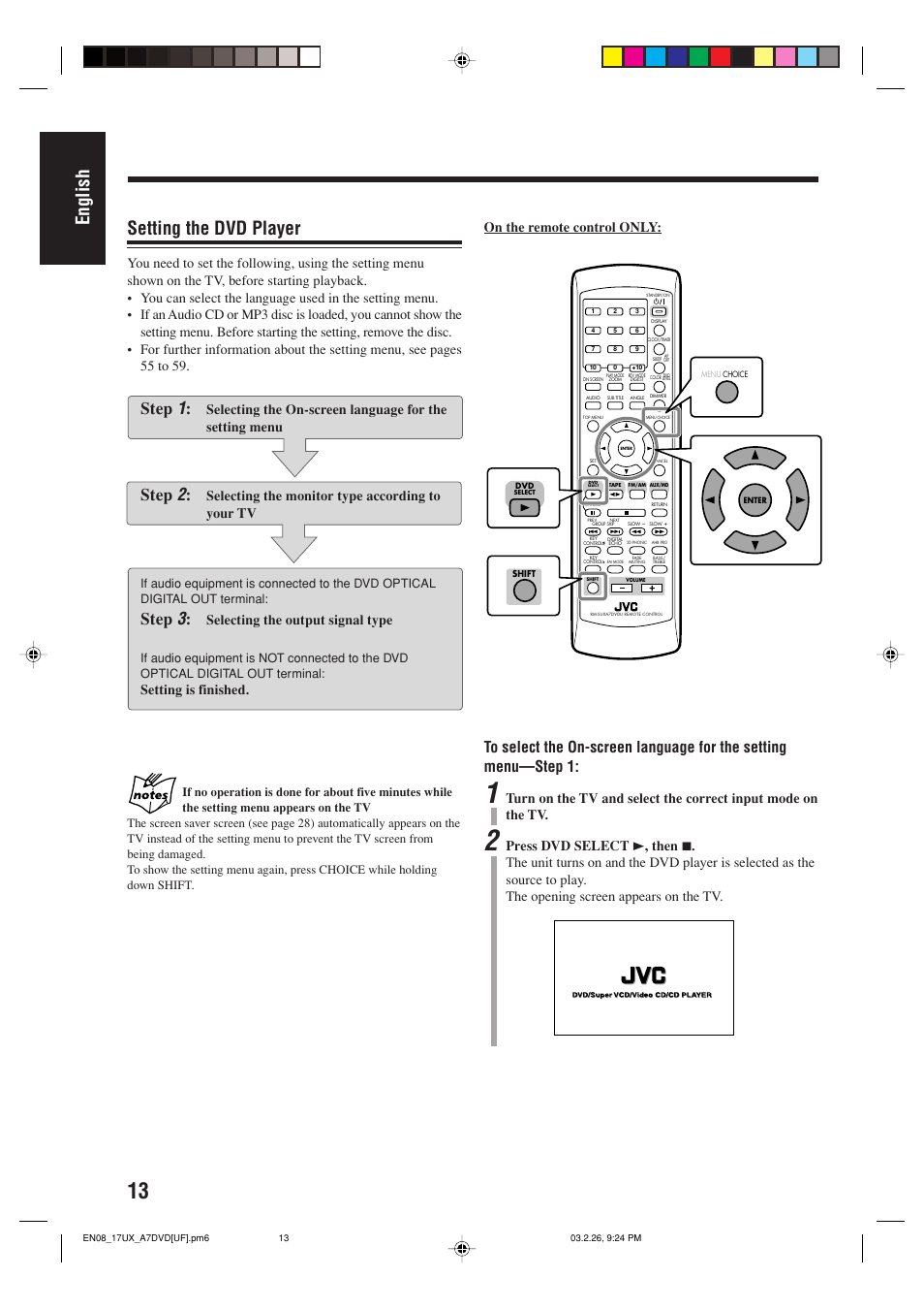 English setting the dvd player, Step, Selecting the monitor type according to your tv | Selecting the output signal type, Setting is finished, On the remote control only | JVC 0303MWMMDWJEM User Manual | Page 16 / 76