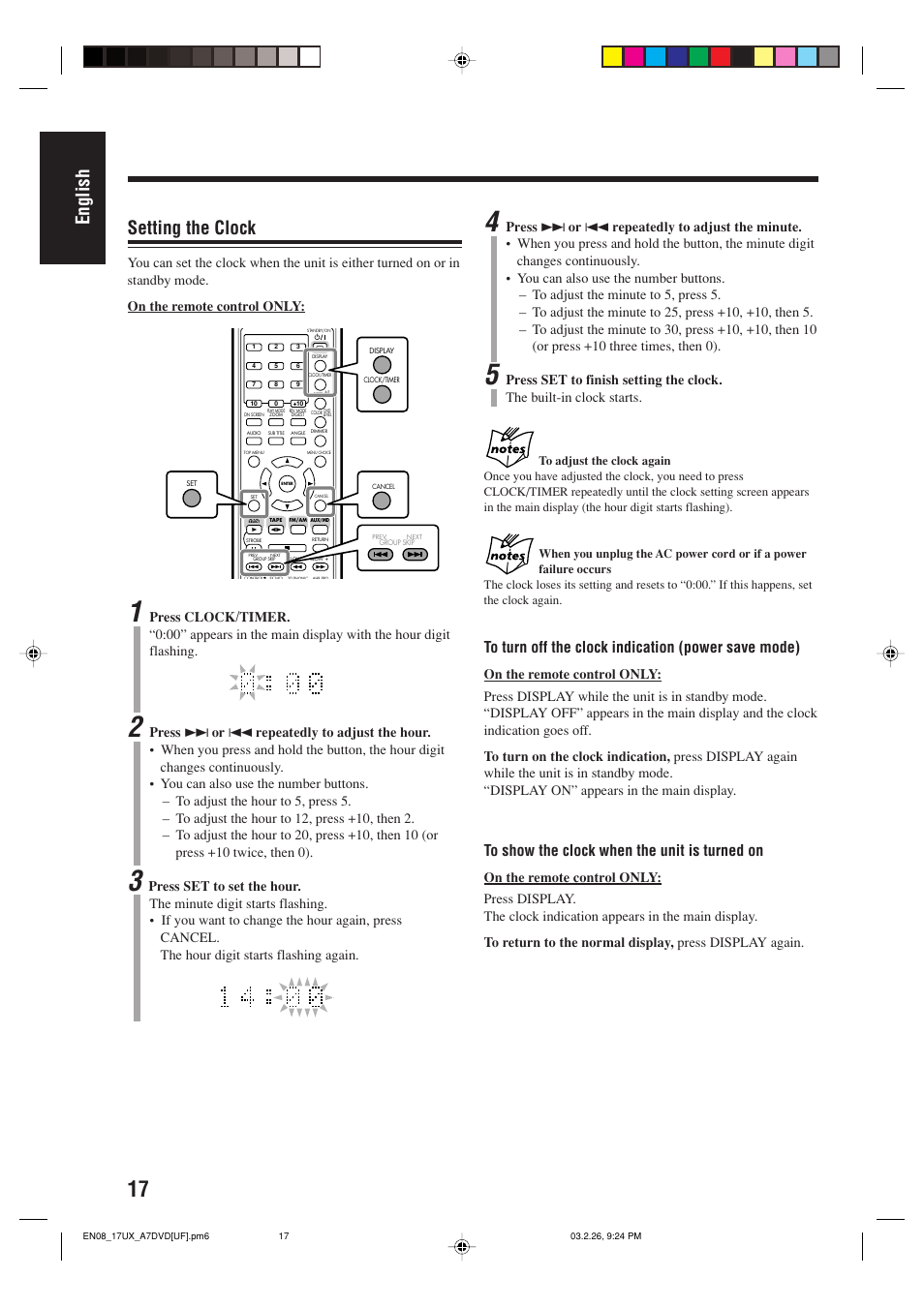 English, Setting the clock | JVC 0303MWMMDWJEM User Manual | Page 20 / 76