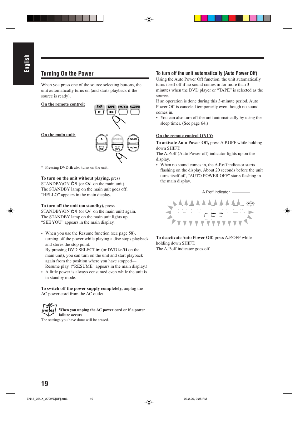 English, Turning on the power | JVC 0303MWMMDWJEM User Manual | Page 22 / 76
