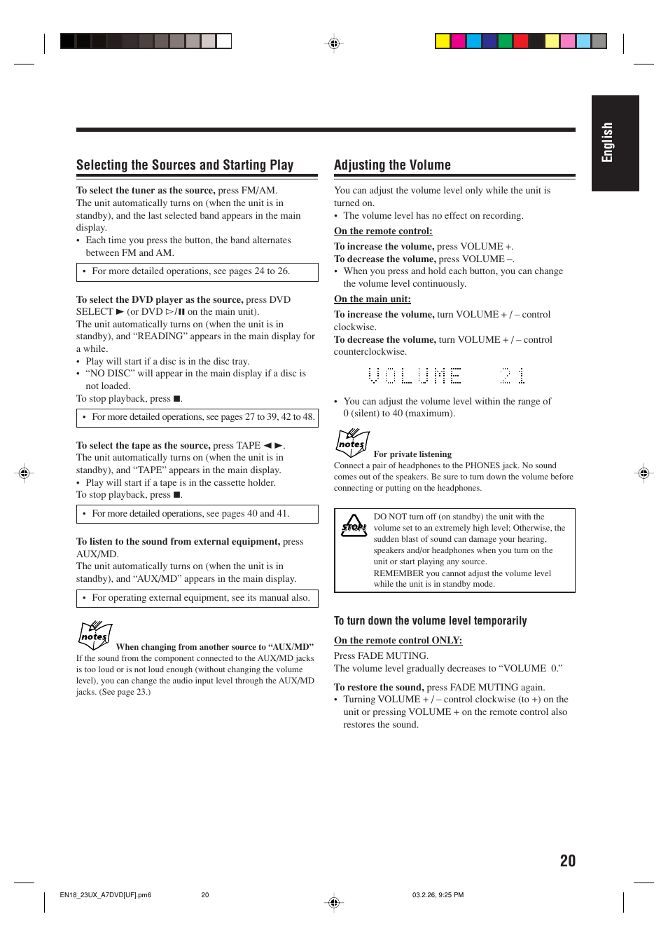 English adjusting the volume, Selecting the sources and starting play | JVC 0303MWMMDWJEM User Manual | Page 23 / 76