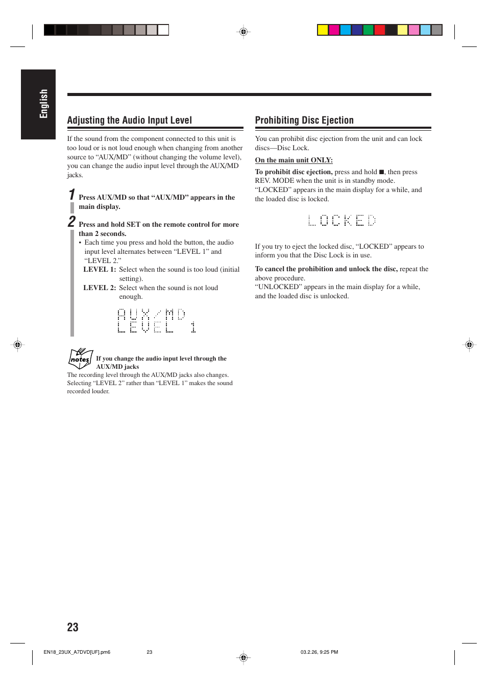 English adjusting the audio input level, Prohibiting disc ejection | JVC 0303MWMMDWJEM User Manual | Page 26 / 76