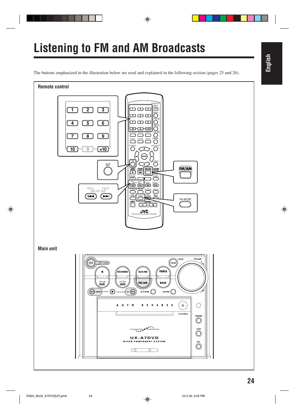 Listening to fm and am broadcasts, English, Remote control main unit | JVC 0303MWMMDWJEM User Manual | Page 27 / 76