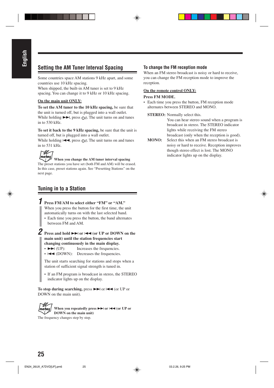 English setting the am tuner interval spacing, Tuning in to a station | JVC 0303MWMMDWJEM User Manual | Page 28 / 76