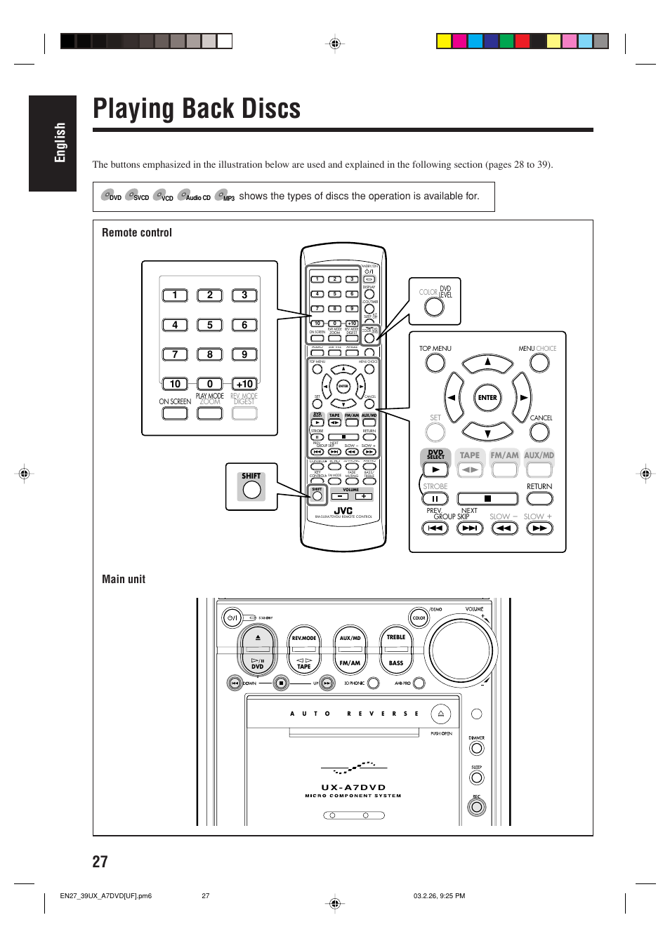 Playing back discs, English, Main unit | Remote control | JVC 0303MWMMDWJEM User Manual | Page 30 / 76