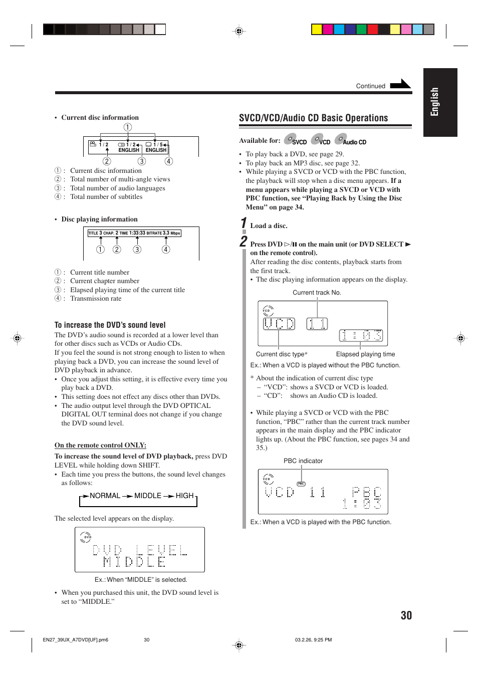 English, Svcd/vcd/audio cd basic operations | JVC 0303MWMMDWJEM User Manual | Page 33 / 76