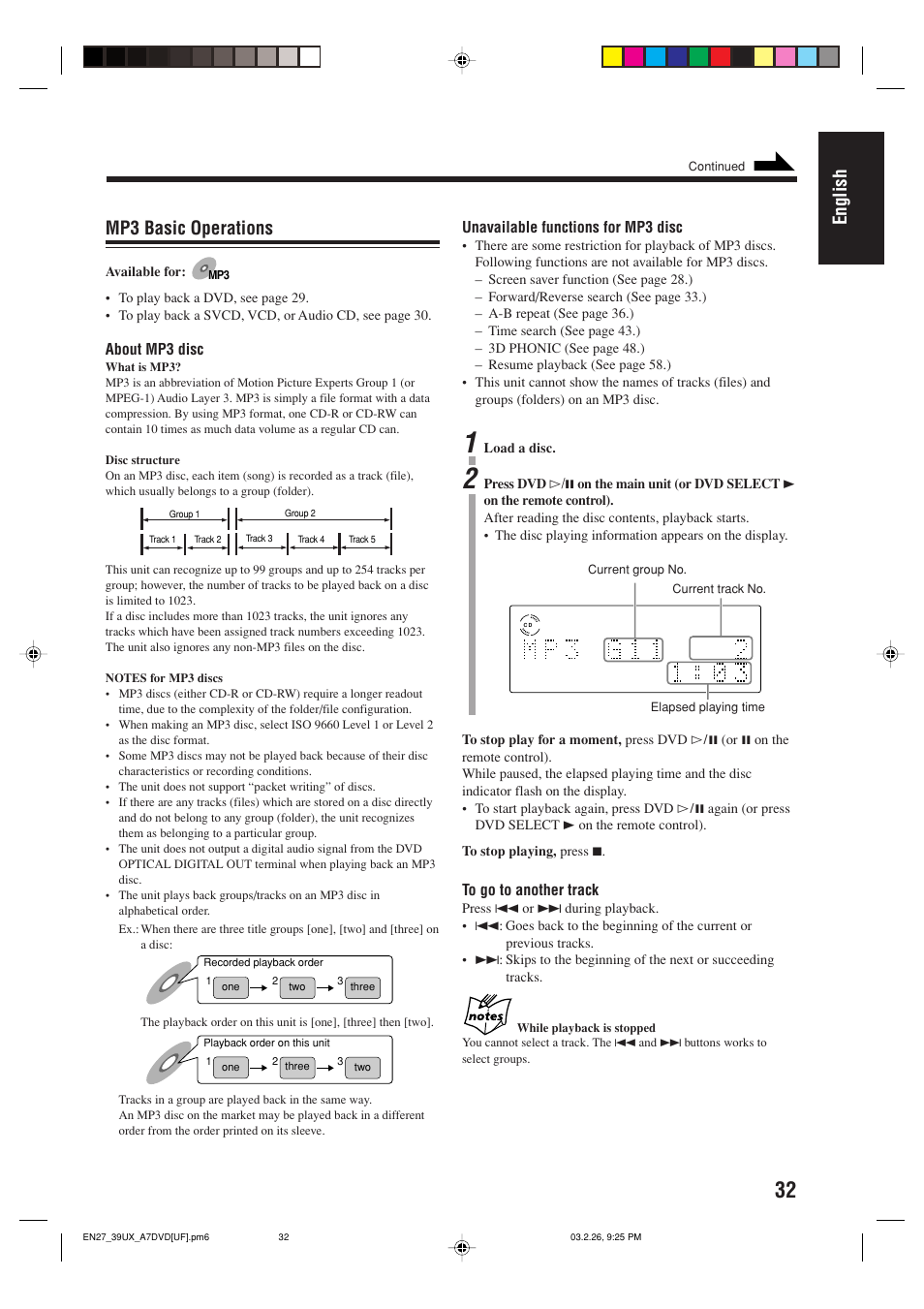 English, Mp3 basic operations | JVC 0303MWMMDWJEM User Manual | Page 35 / 76