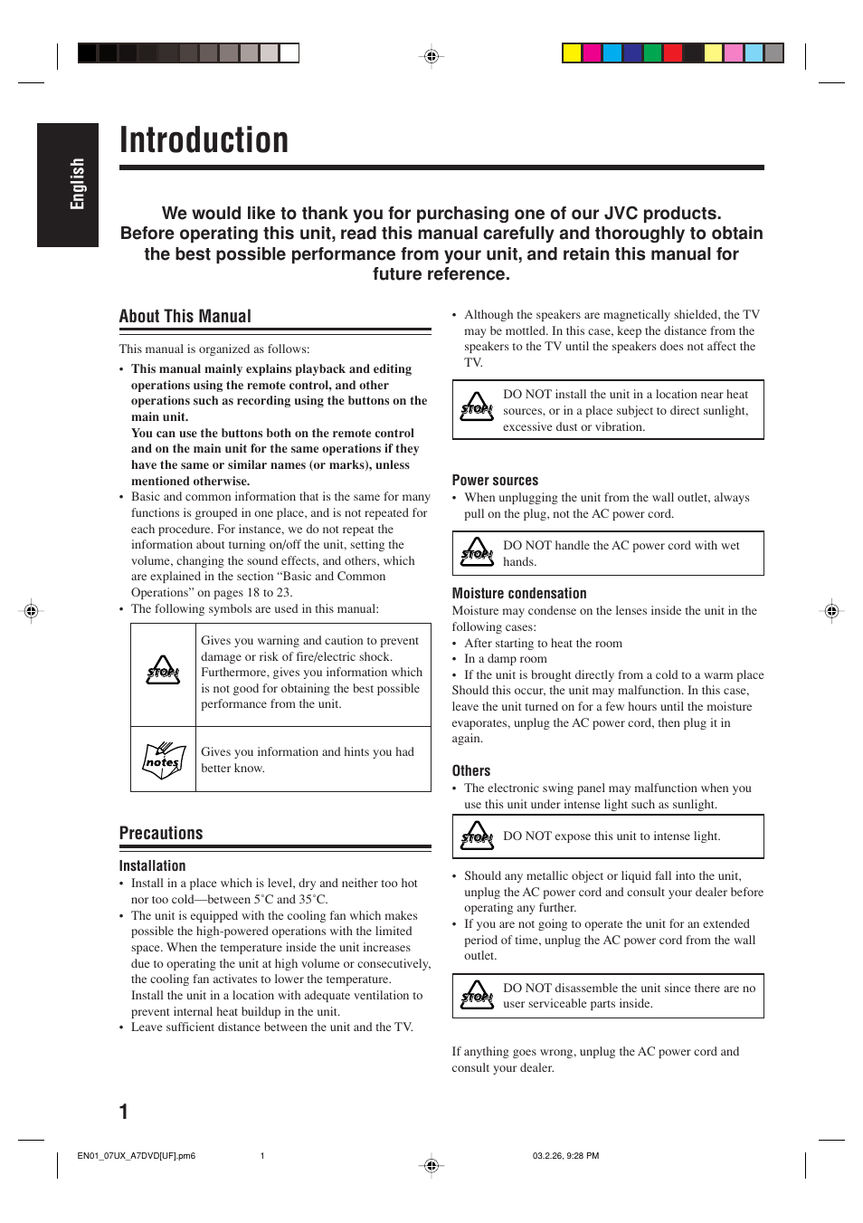 Introduction, English, Precautions | JVC 0303MWMMDWJEM User Manual | Page 4 / 76