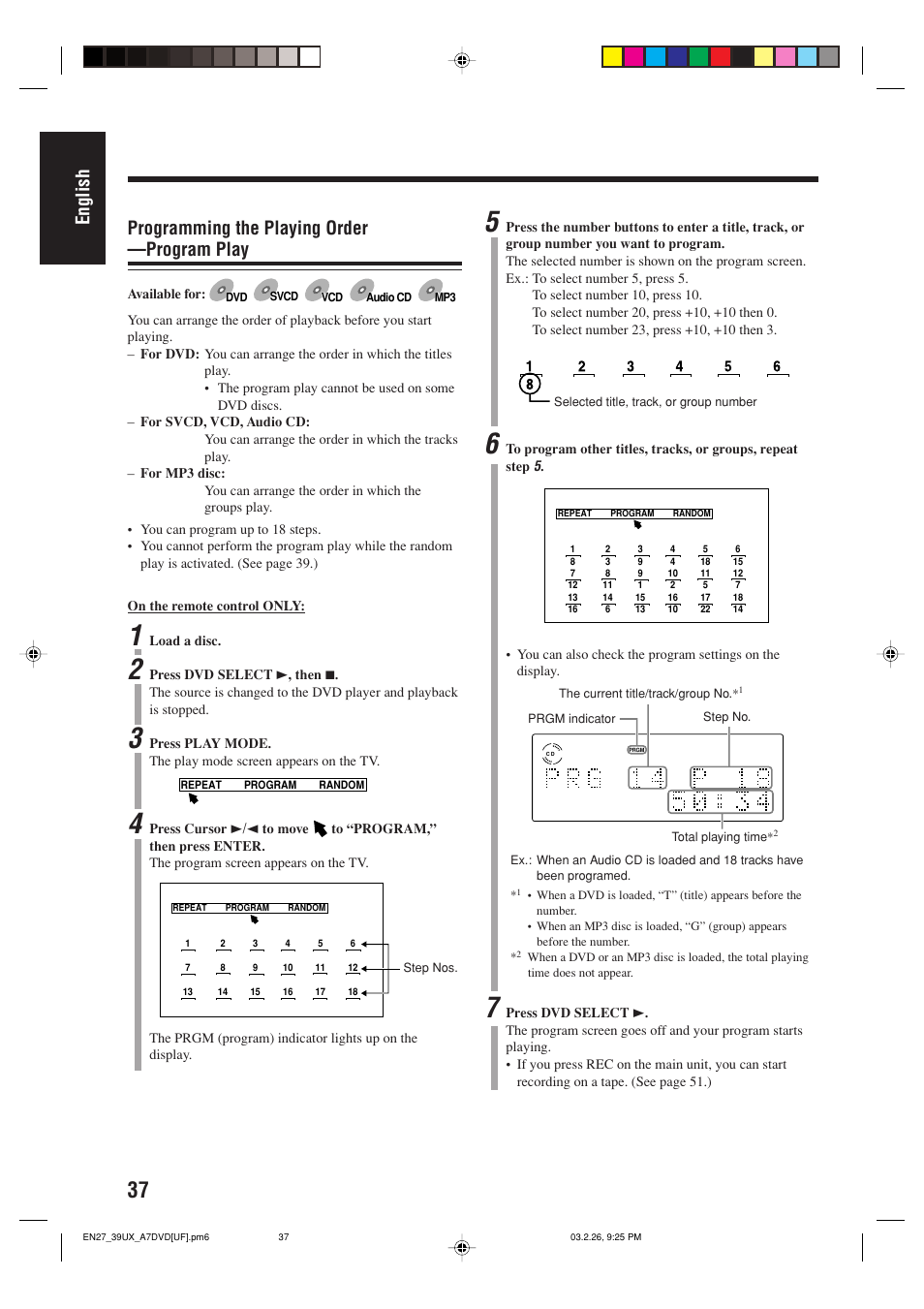 English, Programming the playing order —program play | JVC 0303MWMMDWJEM User Manual | Page 40 / 76