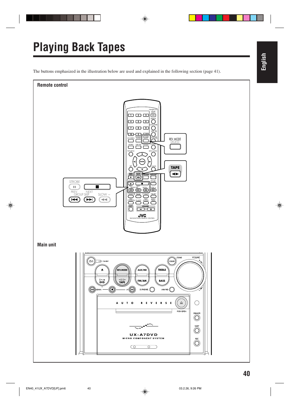 Playing back tapes, English, Main unit | Remote control, Tape | JVC 0303MWMMDWJEM User Manual | Page 43 / 76