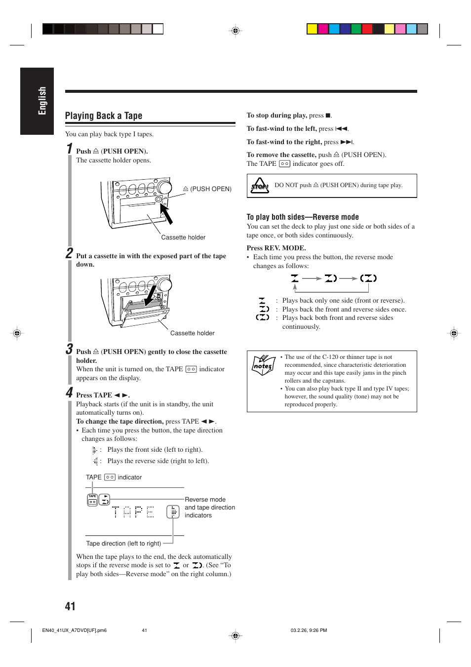 English, Playing back a tape | JVC 0303MWMMDWJEM User Manual | Page 44 / 76