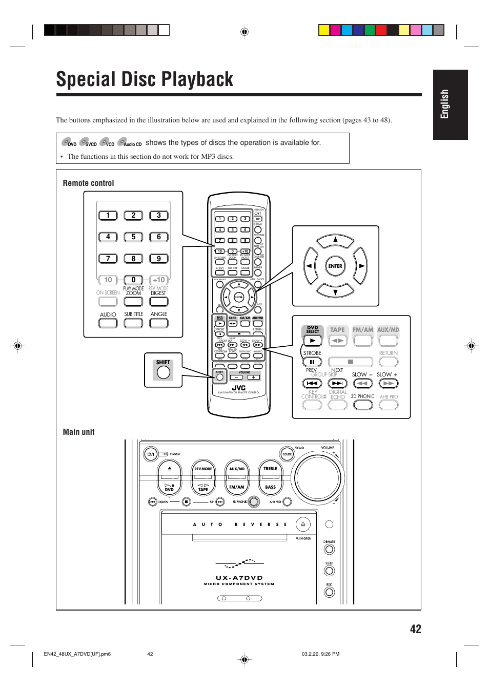 Special disc playback, English, Remote control | Main unit | JVC 0303MWMMDWJEM User Manual | Page 45 / 76