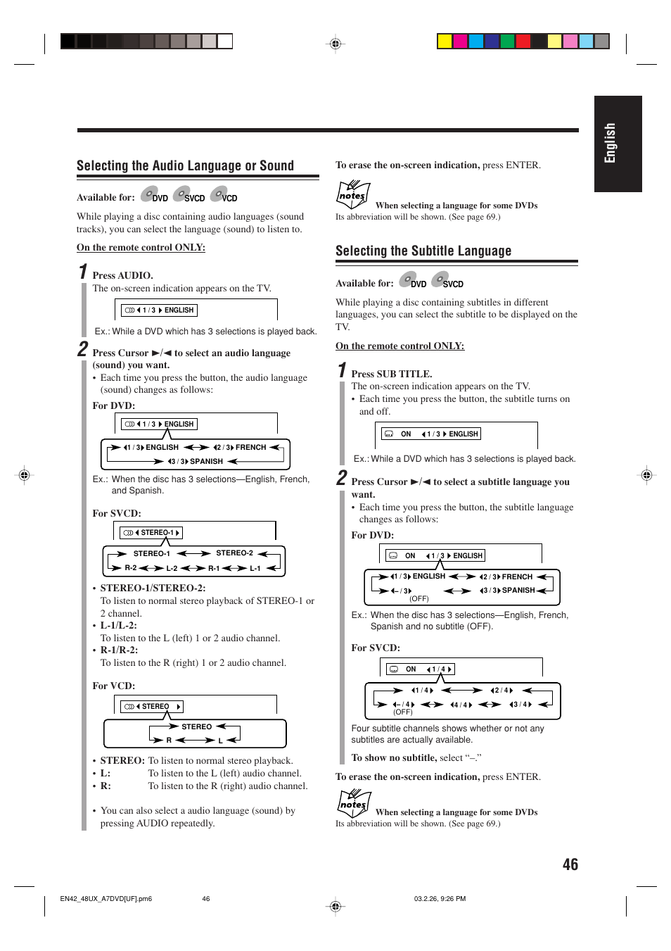 English selecting the audio language or sound, Selecting the subtitle language | JVC 0303MWMMDWJEM User Manual | Page 49 / 76