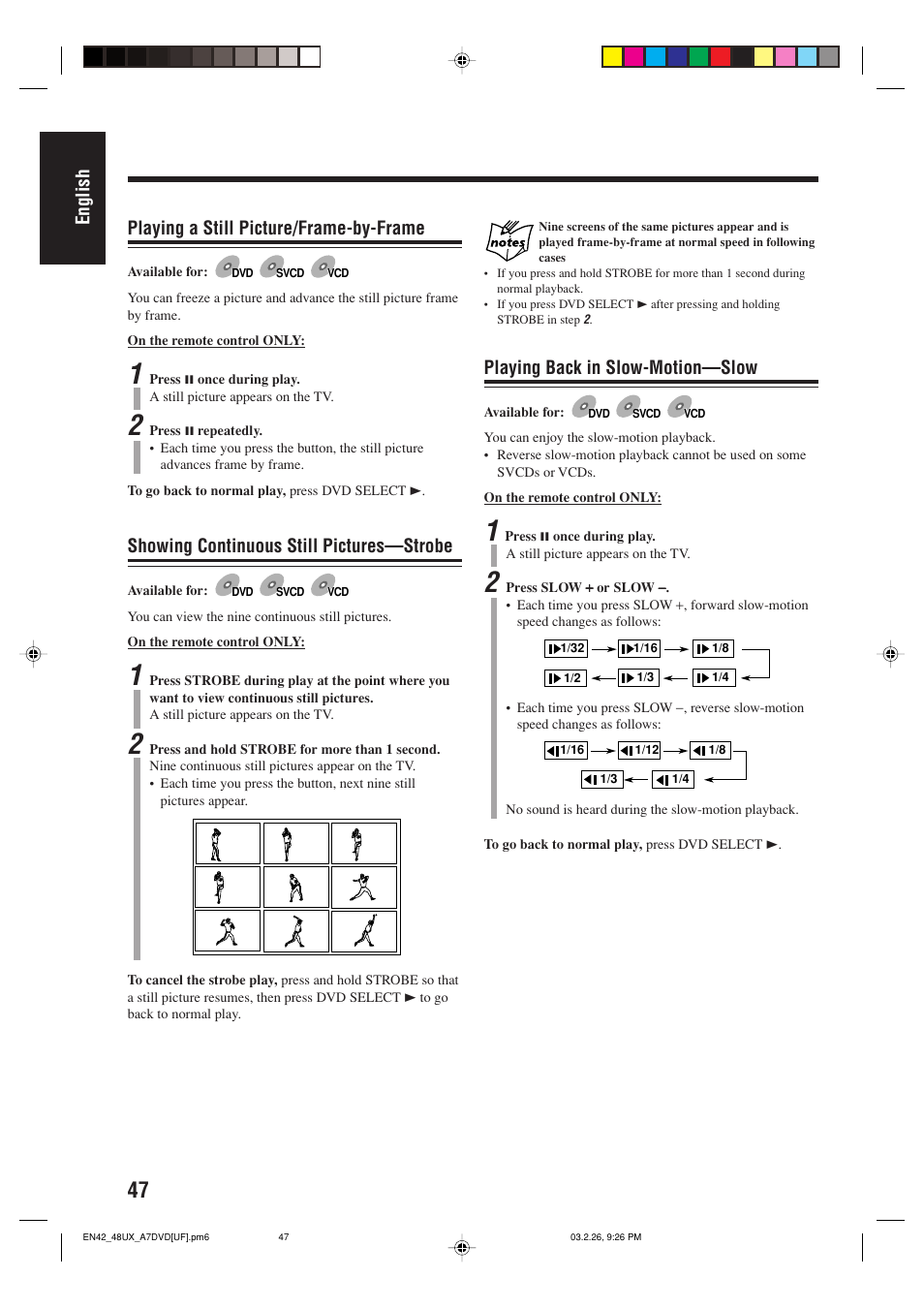 English playing a still picture/frame-by-frame, Showing continuous still pictures—strobe, Playing back in slow-motion—slow | JVC 0303MWMMDWJEM User Manual | Page 50 / 76