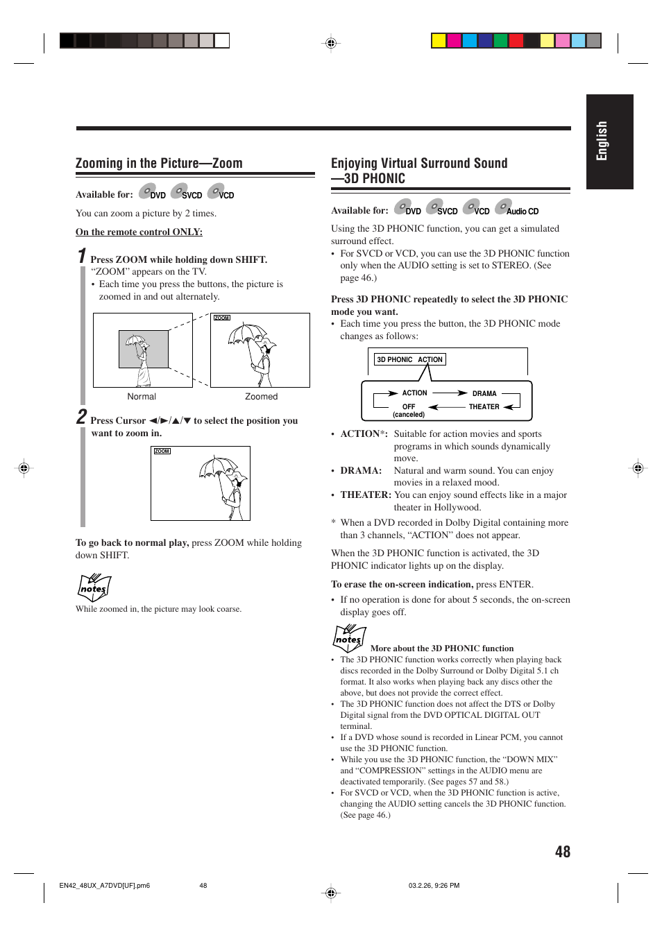 English zooming in the picture—zoom, Enjoying virtual surround sound —3d phonic | JVC 0303MWMMDWJEM User Manual | Page 51 / 76
