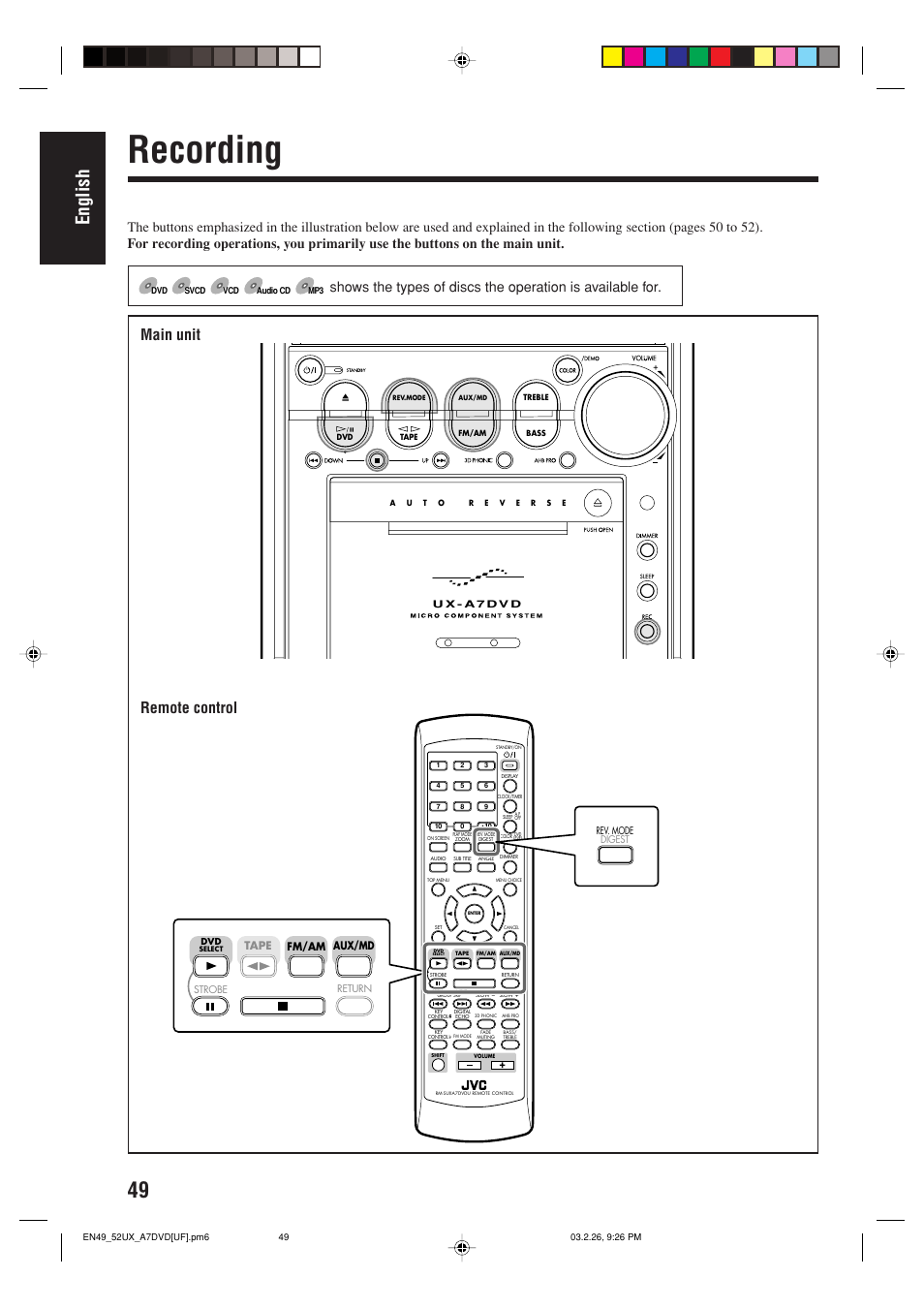 Recording, English, Main unit remote control | Aux/md, Fm/am tape | JVC 0303MWMMDWJEM User Manual | Page 52 / 76