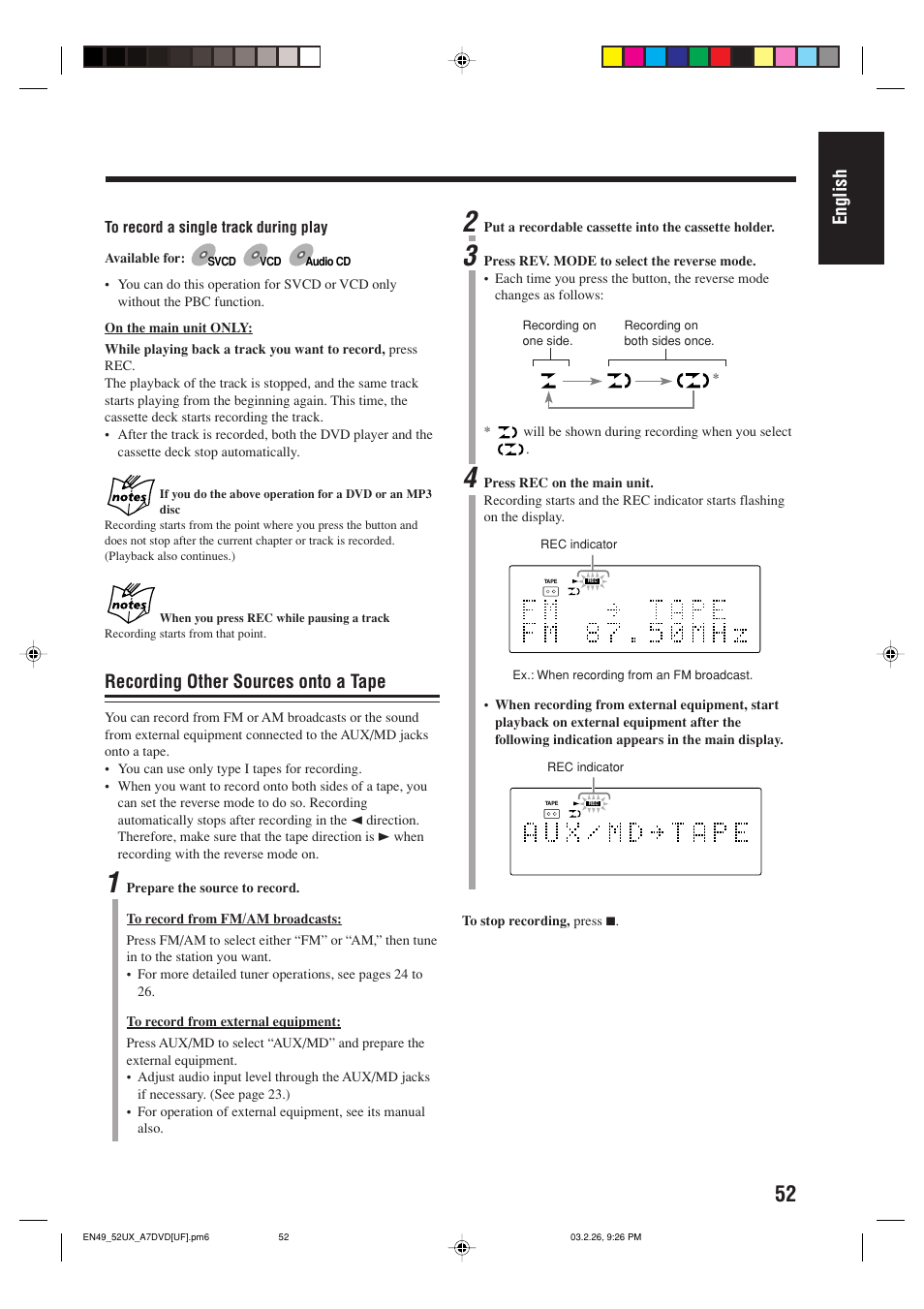 English, Recording other sources onto a tape | JVC 0303MWMMDWJEM User Manual | Page 55 / 76