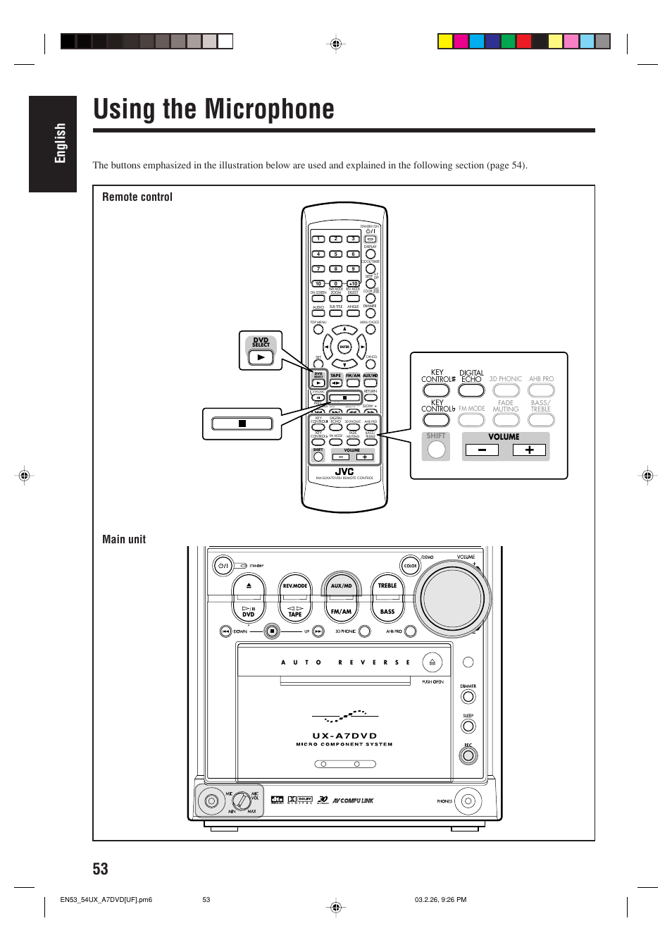 Using the microphone, English, Remote control main unit | Volume | JVC 0303MWMMDWJEM User Manual | Page 56 / 76
