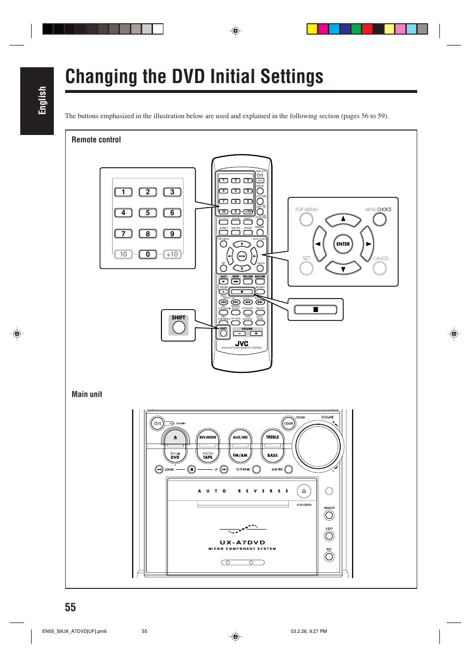 Changing the dvd initial settings, English, Main unit | Remote control | JVC 0303MWMMDWJEM User Manual | Page 58 / 76