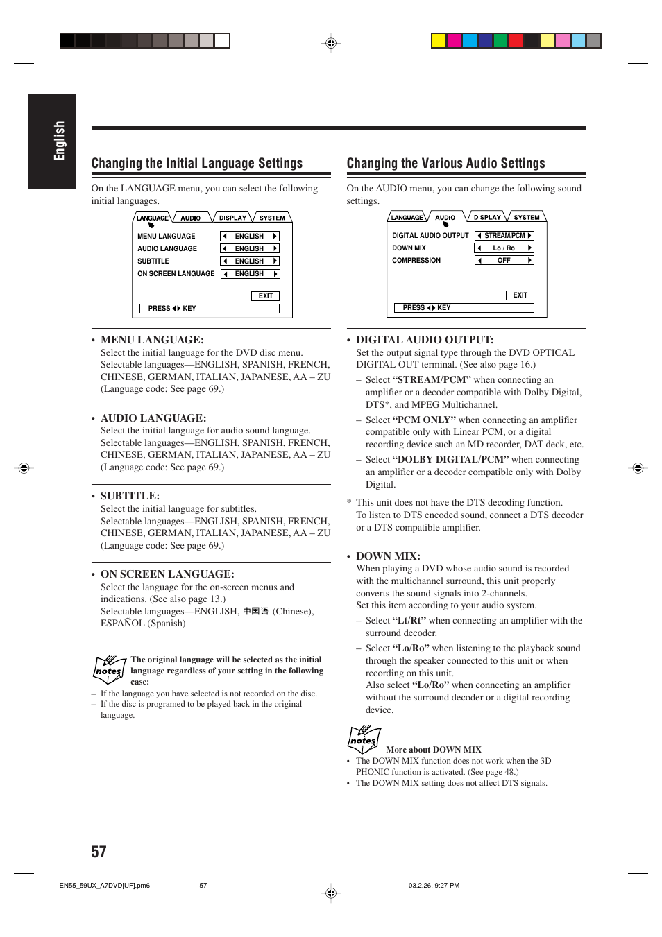 English changing the initial language settings, Changing the various audio settings | JVC 0303MWMMDWJEM User Manual | Page 60 / 76