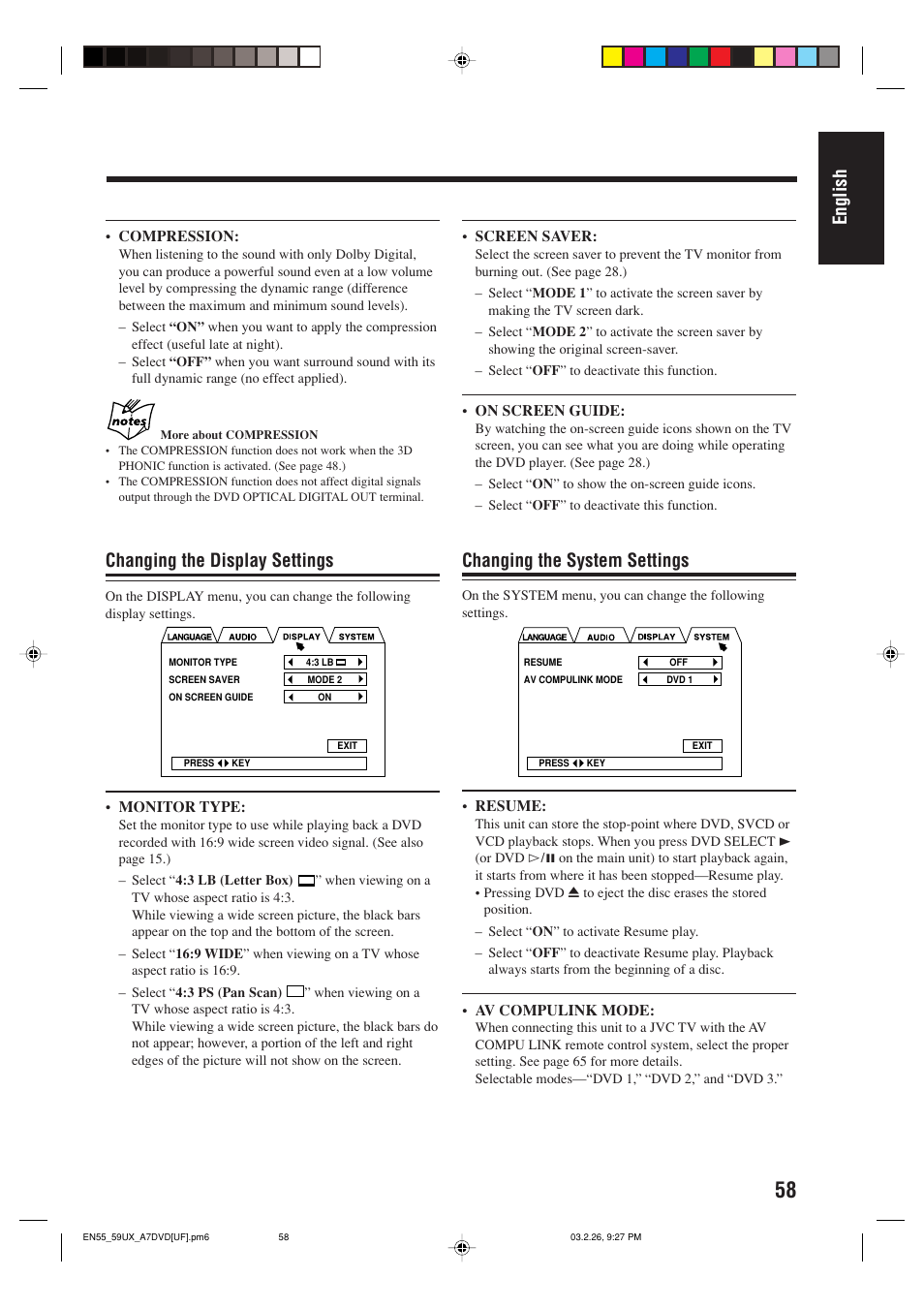 English, Changing the system settings, Changing the display settings | JVC 0303MWMMDWJEM User Manual | Page 61 / 76