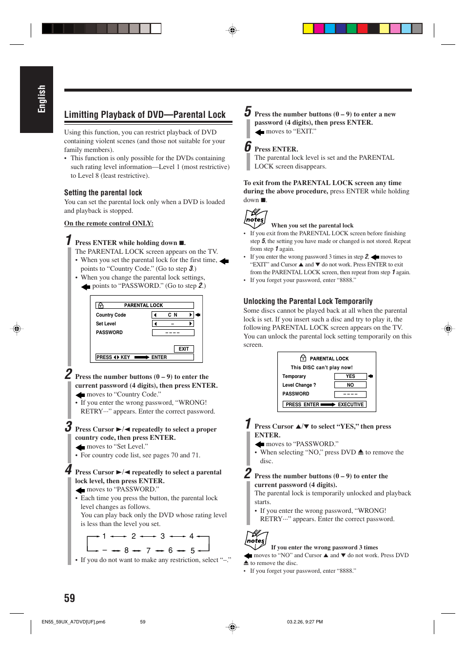 English limitting playback of dvd—parental lock | JVC 0303MWMMDWJEM User Manual | Page 62 / 76