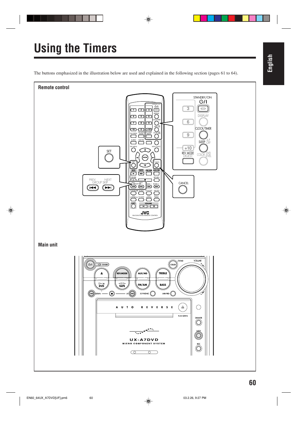 Using the timers, English, Remote control main unit | JVC 0303MWMMDWJEM User Manual | Page 63 / 76