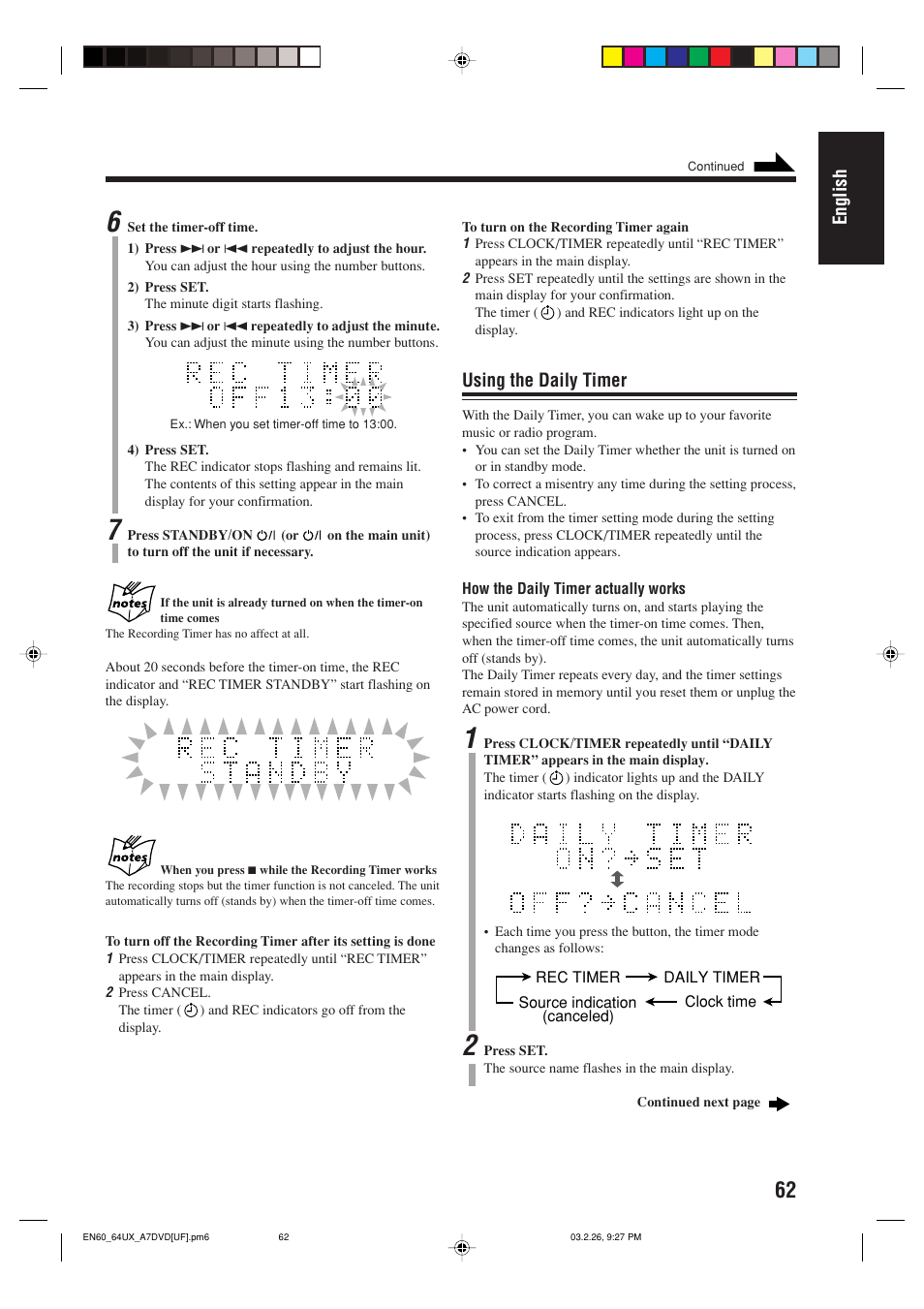 English, Using the daily timer | JVC 0303MWMMDWJEM User Manual | Page 65 / 76