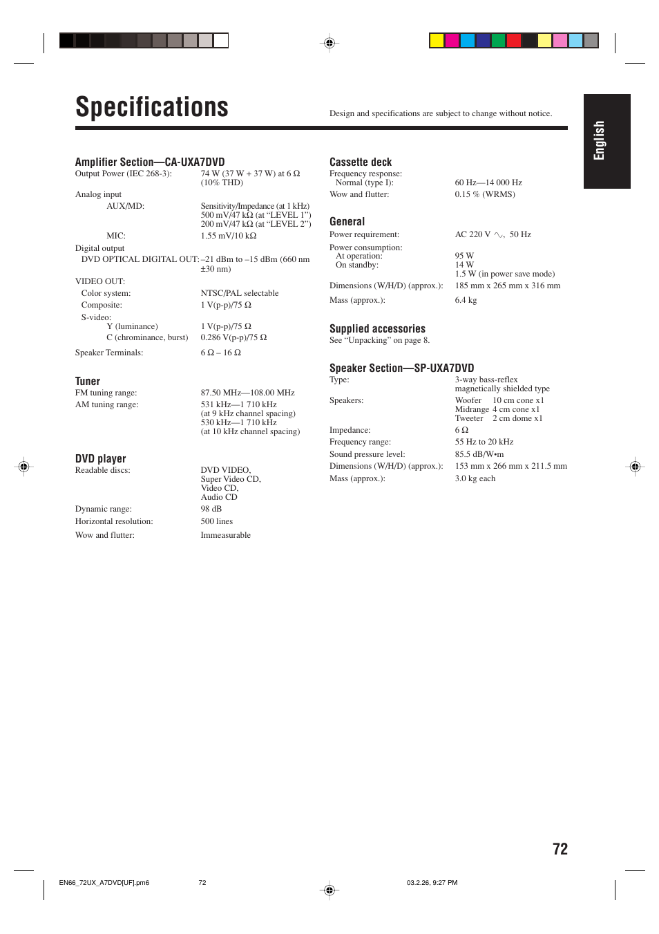 Specifications, English | JVC 0303MWMMDWJEM User Manual | Page 75 / 76