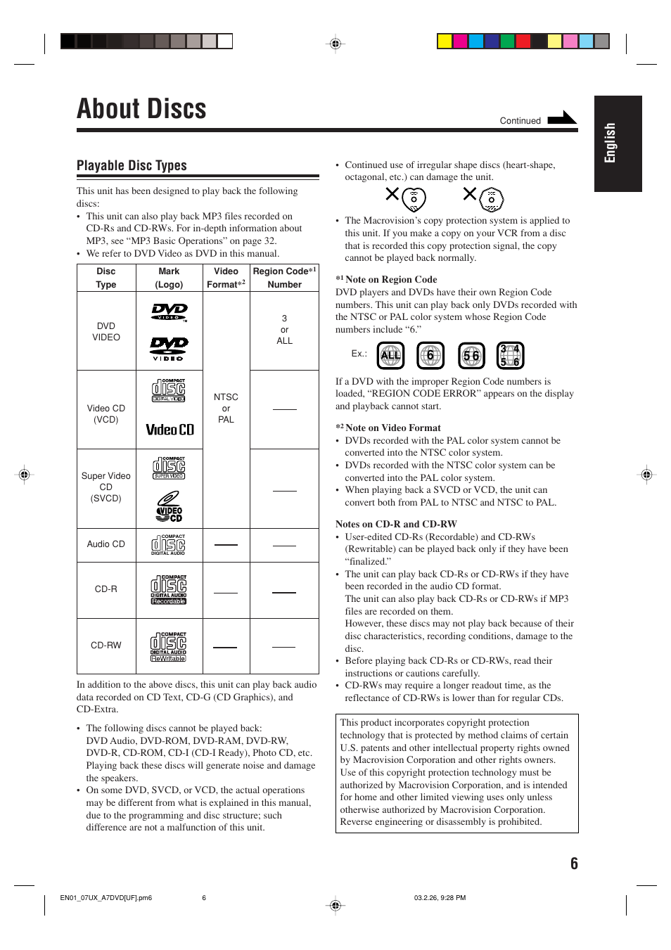 About discs, English, Playable disc types | JVC 0303MWMMDWJEM User Manual | Page 9 / 76