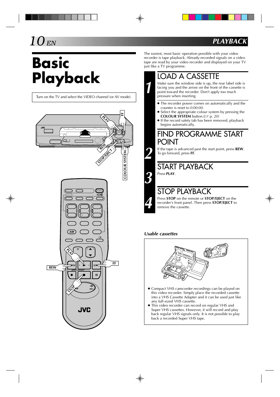 Basic playback, Load a cassette, Find programme start point | Start playback, Stop playback, Playback | JVC HR-J231MS User Manual | Page 10 / 28