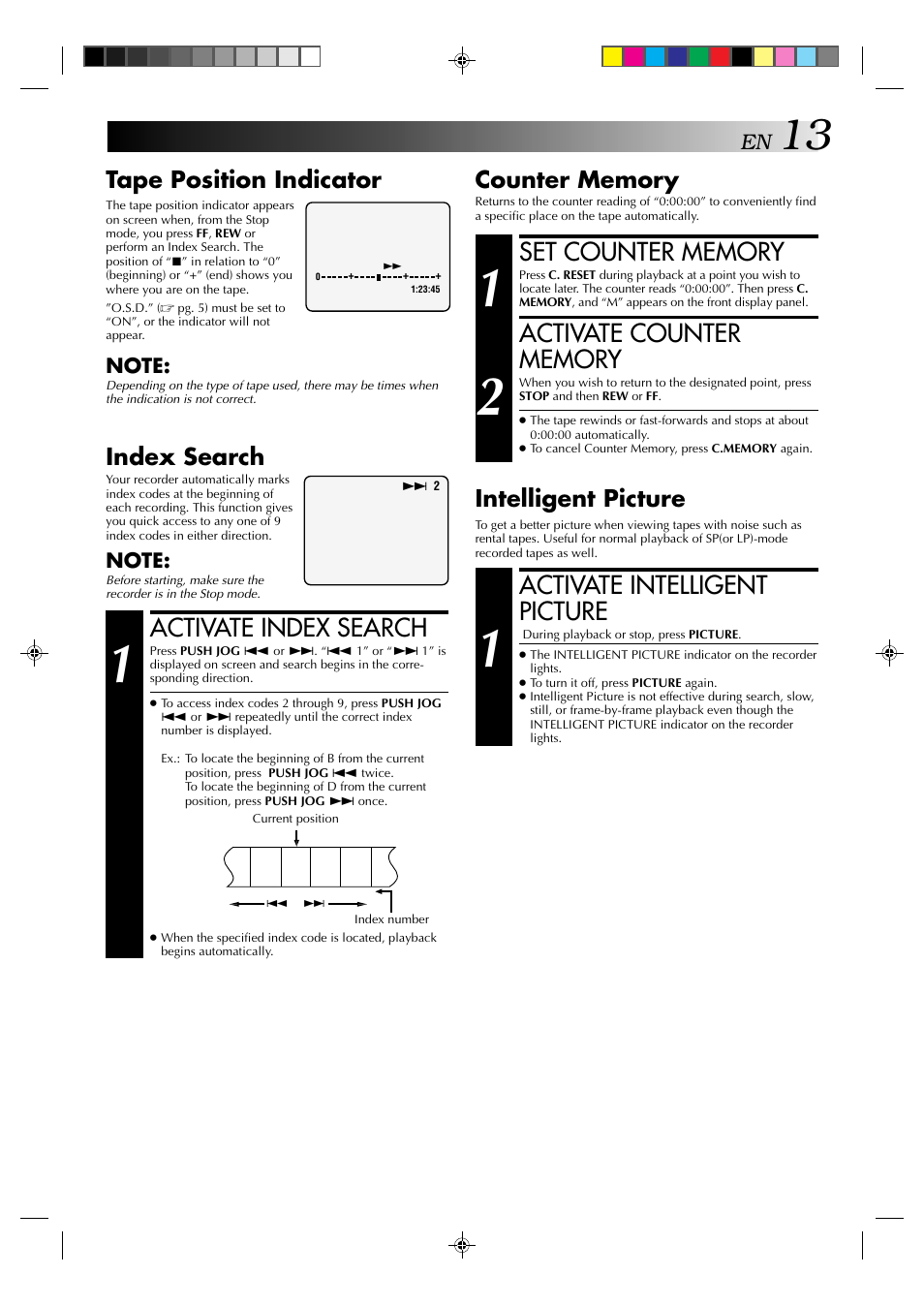 Activate index search, Activate intelligent picture, Intelligent picture | Tape position indicator, Index search | JVC HR-J231MS User Manual | Page 13 / 28