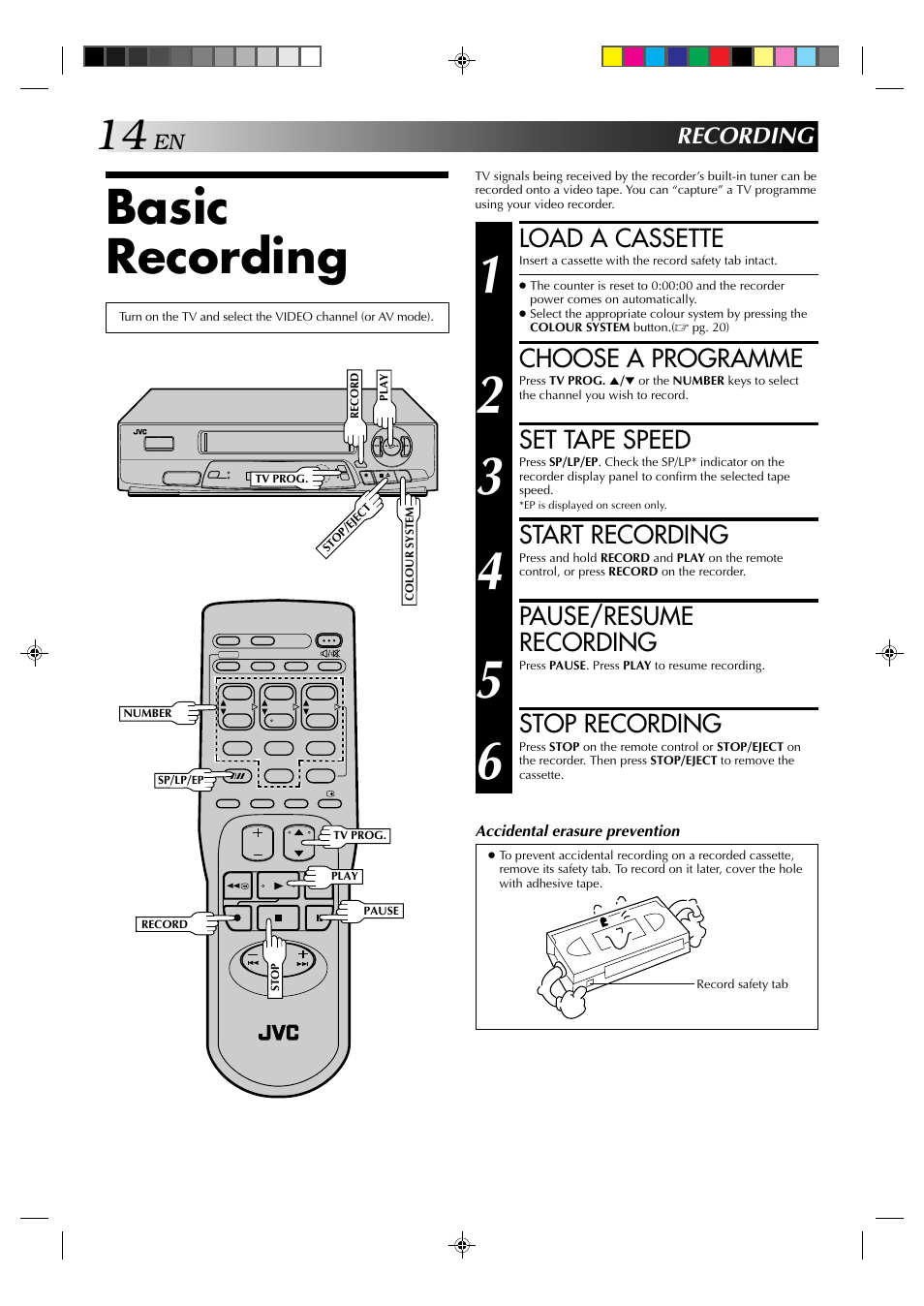 Basic recording, Load a cassette, Choose a programme | Set tape speed, Start recording, Pause/resume recording, Stop recording, Recording | JVC HR-J231MS User Manual | Page 14 / 28