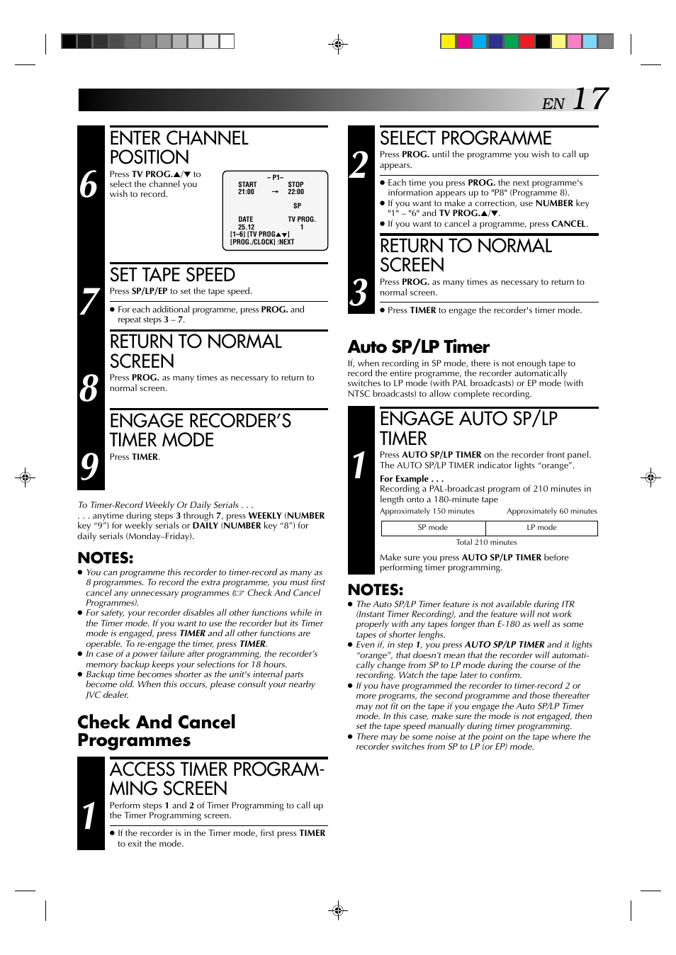 Enter channel position, Set tape speed, Return to normal screen | Engage recorder’s timer mode, Select programme, Engage auto sp/lp timer, Access timer program- ming screen, Auto sp/lp timer, Check and cancel programmes | JVC HR-J231MS User Manual | Page 17 / 28