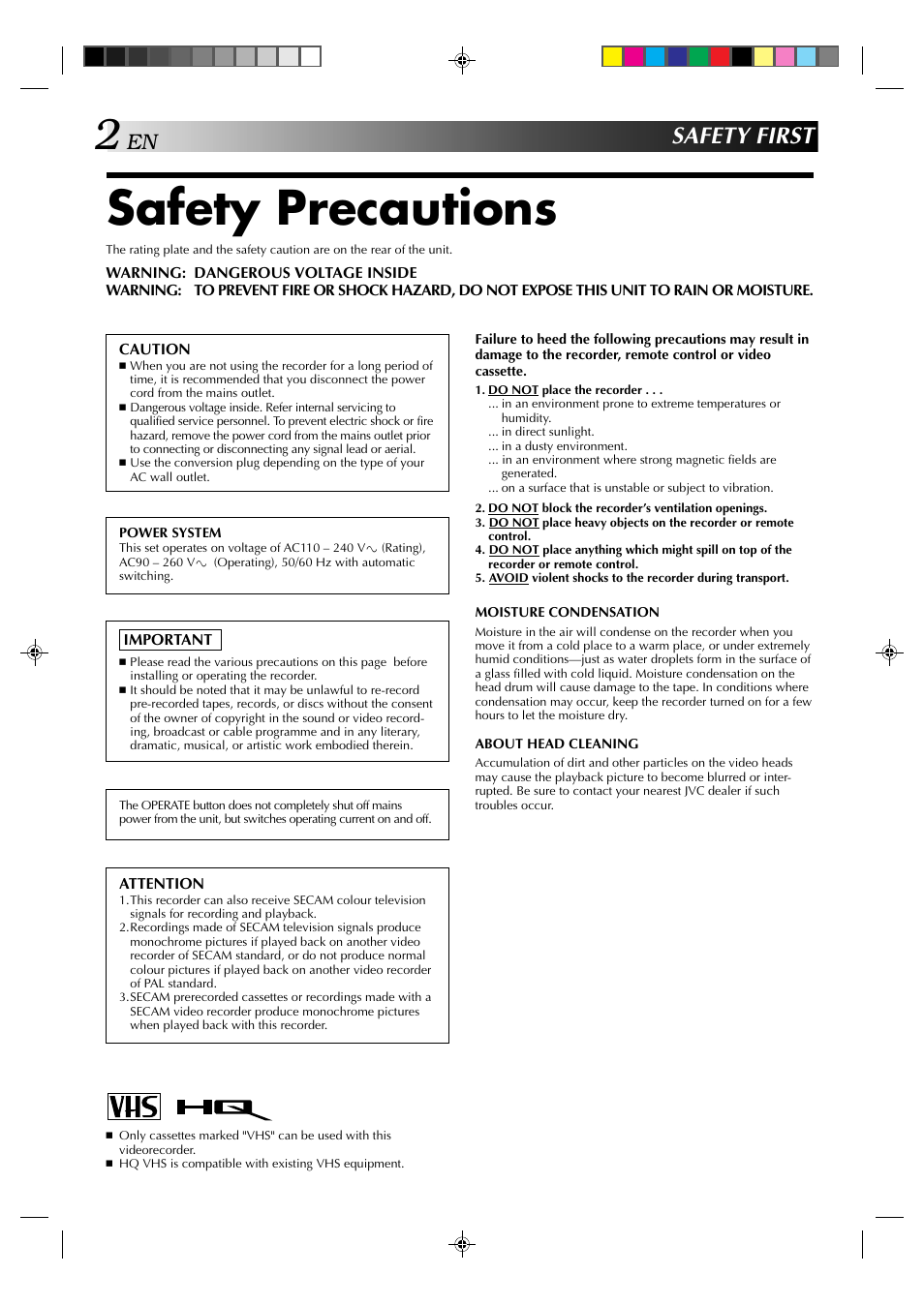Safety precautions, Safety first | JVC HR-J231MS User Manual | Page 2 / 28