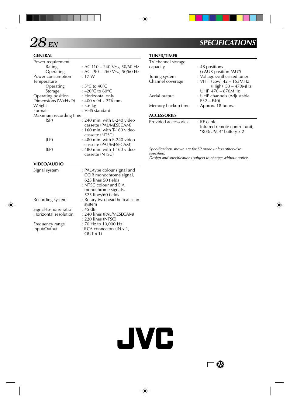 Specifications | JVC HR-J231MS User Manual | Page 28 / 28