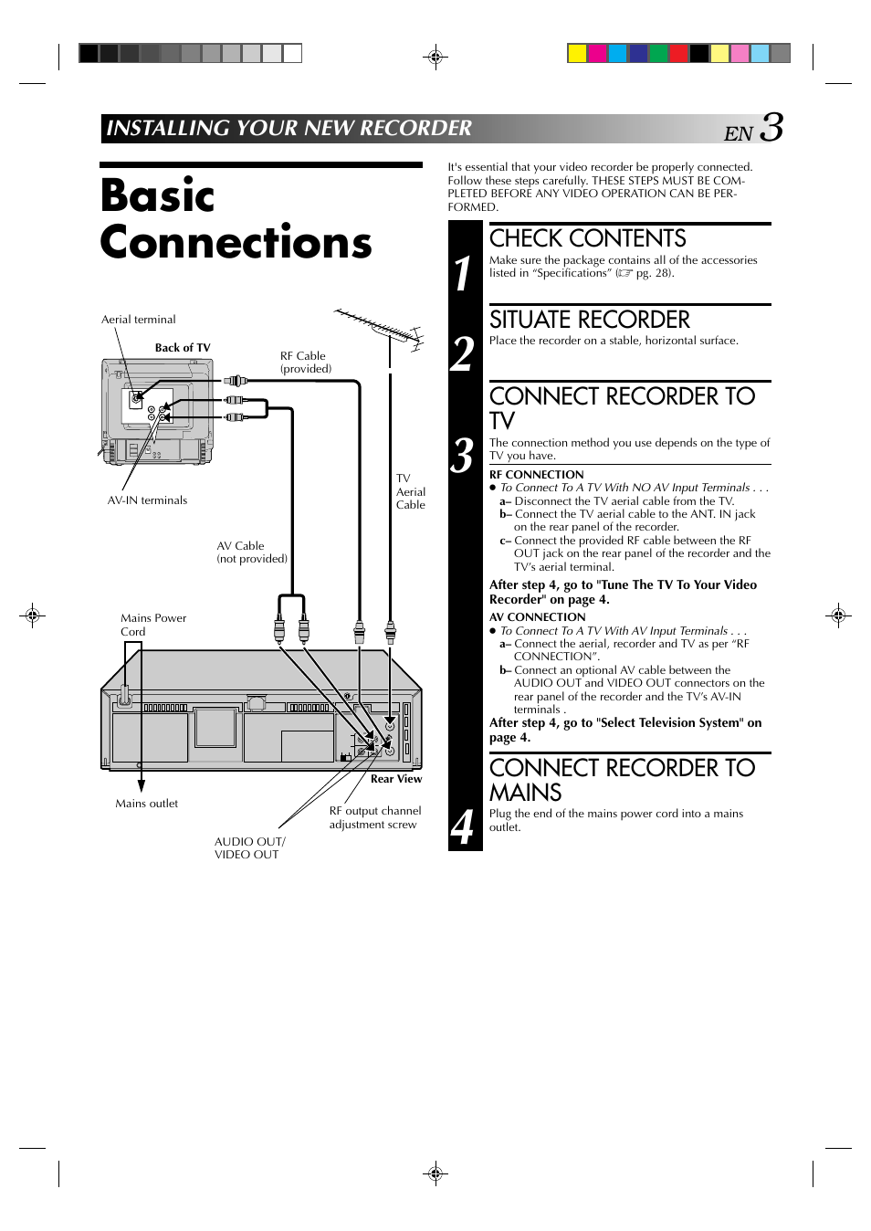 Basic connections, Check contents, Situate recorder | Connect recorder to tv, Connect recorder to mains, Installing your new recorder | JVC HR-J231MS User Manual | Page 3 / 28