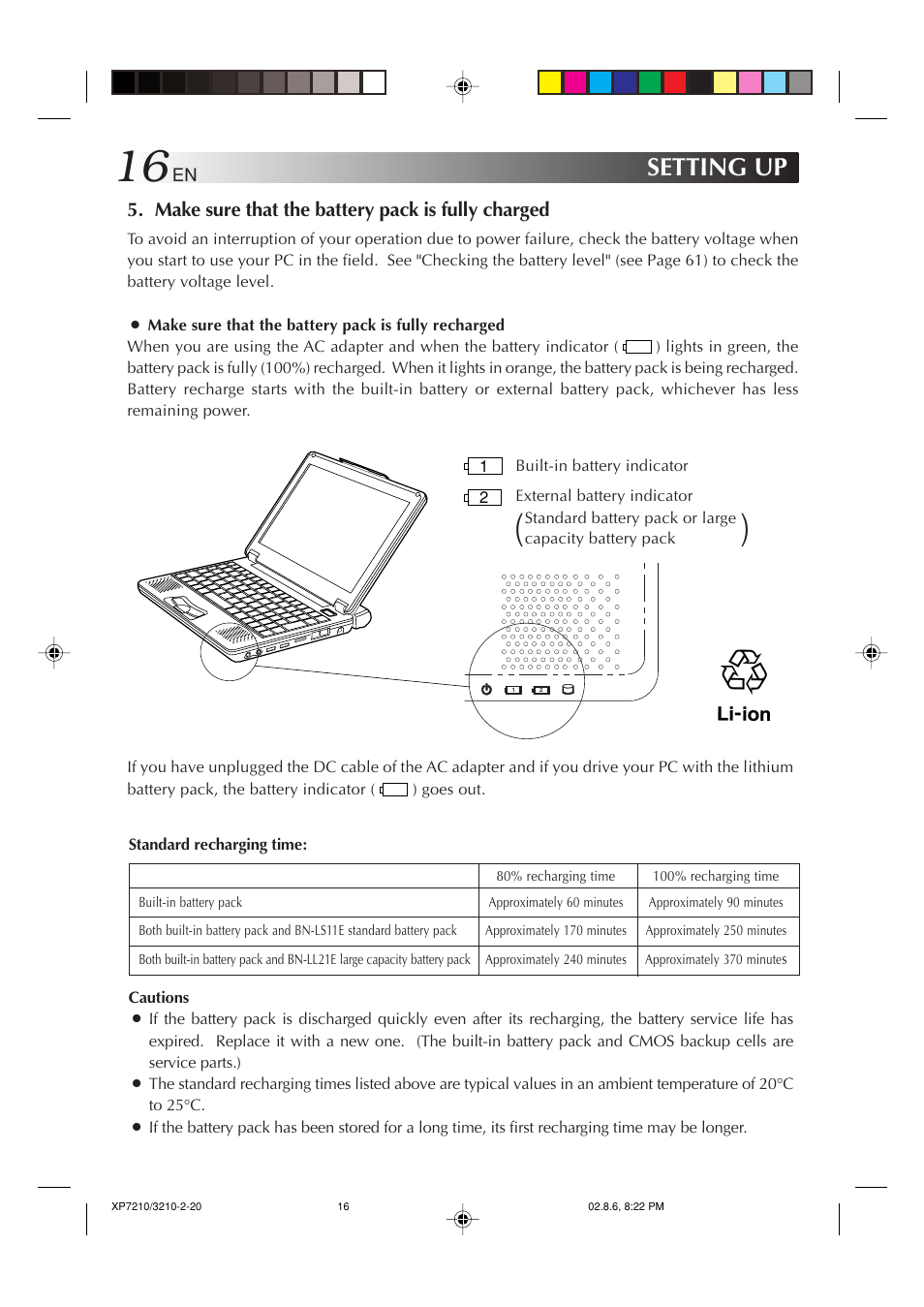 Setting up, Make sure that the battery pack is fully charged | JVC MP-XP7210GB User Manual | Page 16 / 90