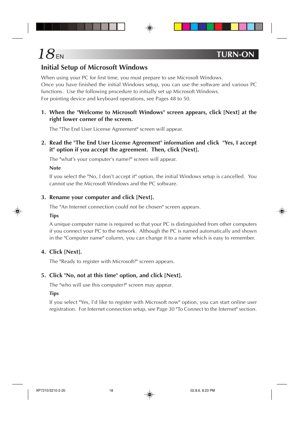 Turn-on, Initial setup of microsoft windows | JVC MP-XP7210GB User Manual | Page 18 / 90