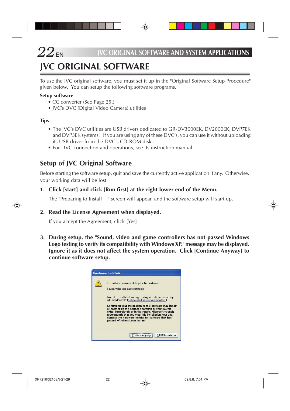 Jvc original software, Jvc original software and system applications, Setup of jvc original software | JVC MP-XP7210GB User Manual | Page 22 / 90