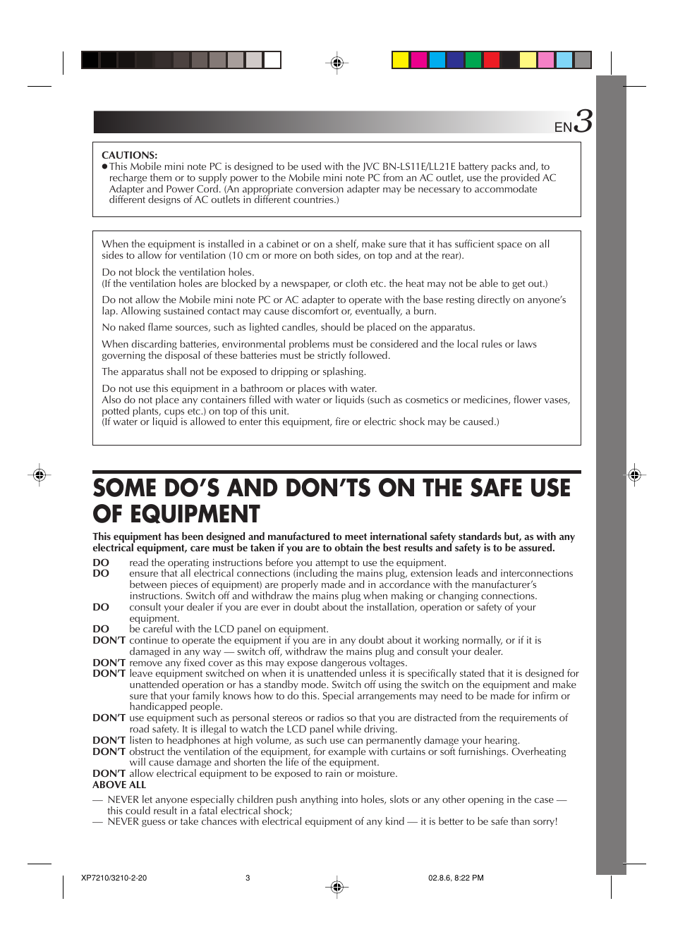 Some do’s and don’ts on the safe use of equipment | JVC MP-XP7210GB User Manual | Page 3 / 90