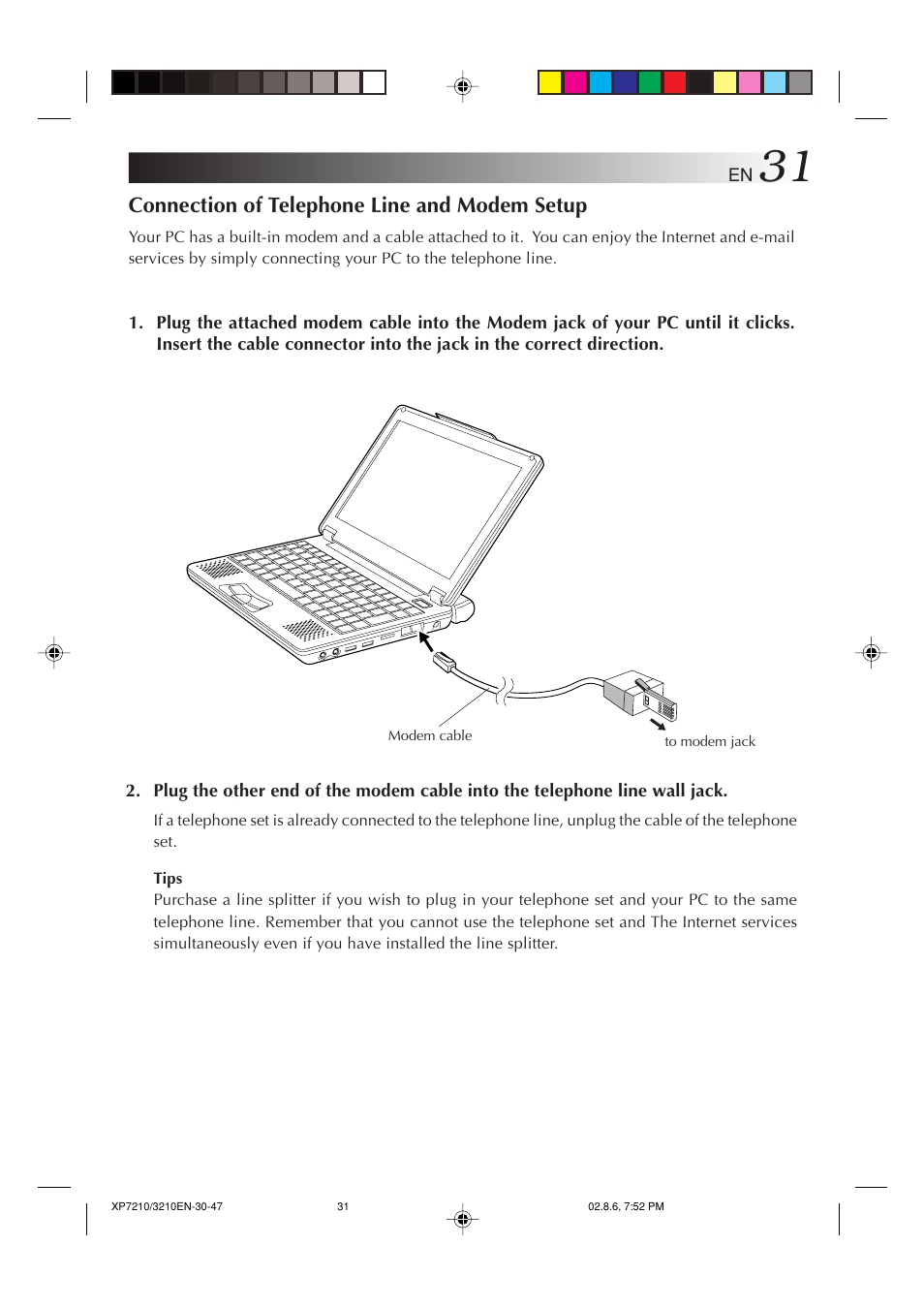 Connection of telephone line and modem setup | JVC MP-XP7210GB User Manual | Page 31 / 90