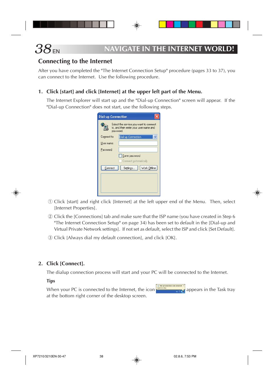 Navigate in the internet world, Connecting to the internet | JVC MP-XP7210GB User Manual | Page 38 / 90