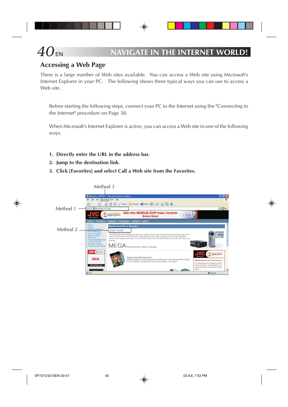 Navigate in the internet world, Accessing a web page | JVC MP-XP7210GB User Manual | Page 40 / 90
