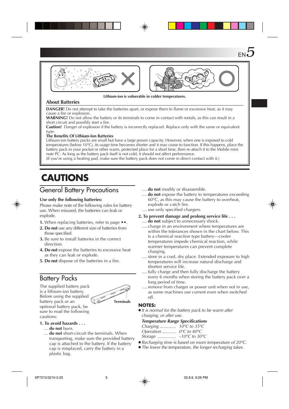 Cautions, General battery precautions, Battery packs | JVC MP-XP7210GB User Manual | Page 5 / 90