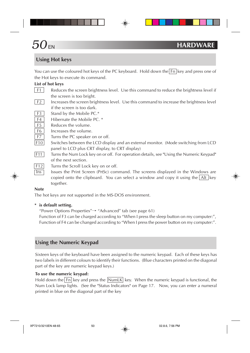 Using hot keys, Using the numeric keypad, Hardware | JVC MP-XP7210GB User Manual | Page 50 / 90